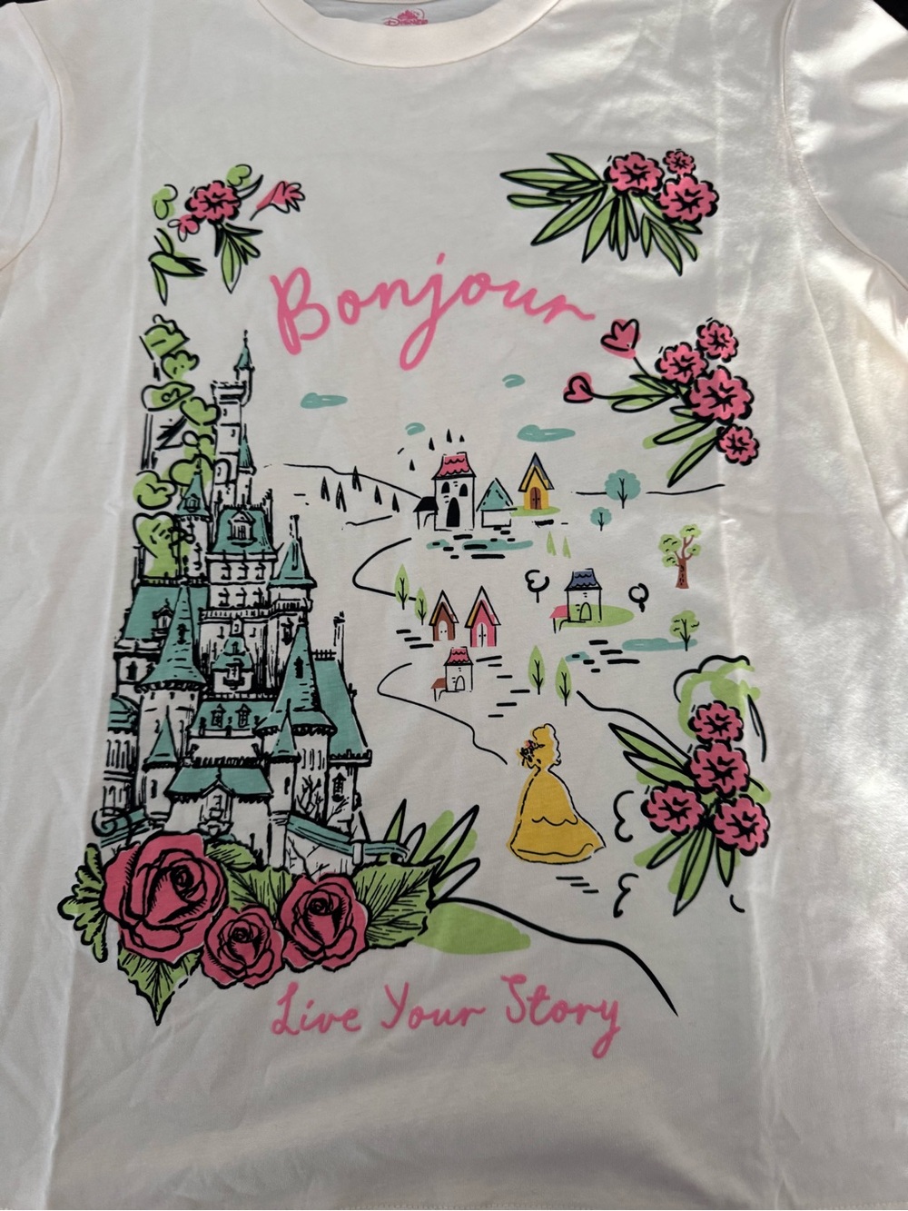 Disney Parks "Bonjour" Graphic Belle Beauty and the Beast T Shirt Medium Beige - Picture 4 of 4